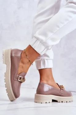 Damskie Półbuty Złota Ozdoba Skórzane Laura Messi 2383 Ciemny Beż