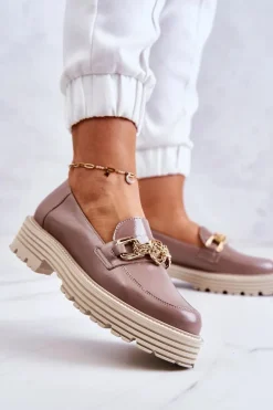 Damskie Półbuty Złota Ozdoba Skórzane Laura Messi 2383 Ciemny Beż