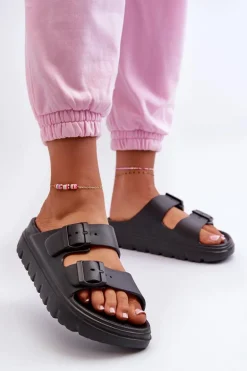 Damskie Piankowe Klapki Na Platformie Czarne Melorea