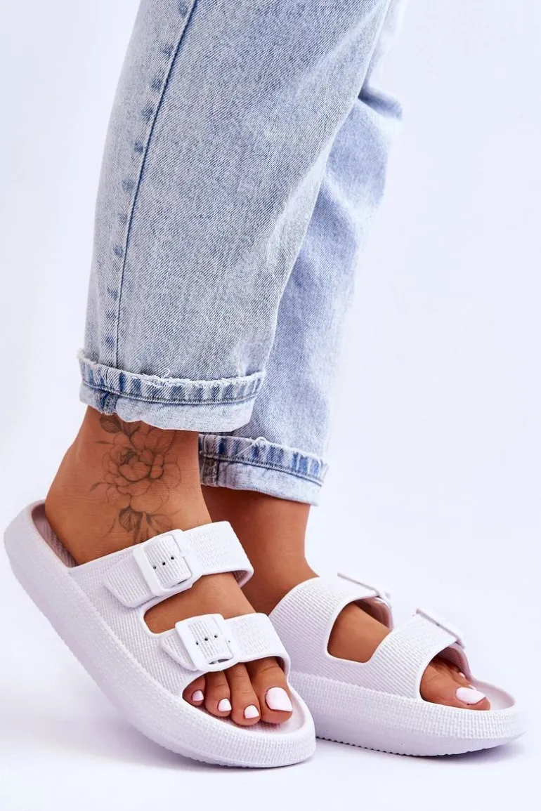 Damskie Piankowe Klapki Z Paskami Białe Sharmen