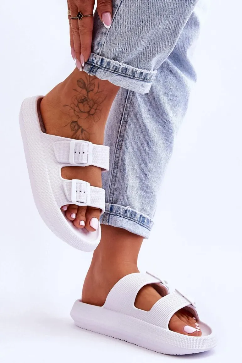 Damskie Piankowe Klapki Z Paskami Białe Sharmen