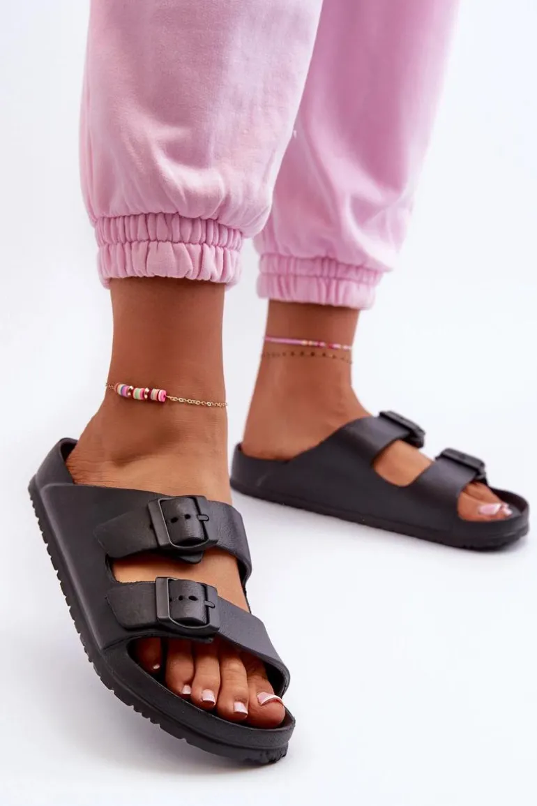 Damskie Piankowe Klapki Z Klamrami Czarne Luciene