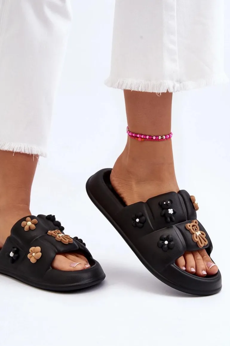 Damskie Piankowe Klapki Z Ozdobami Czarne Cambrina