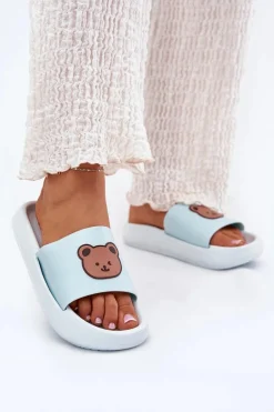 Damskie Piankowe Klapki Z Misiem Niebieskie Lalon