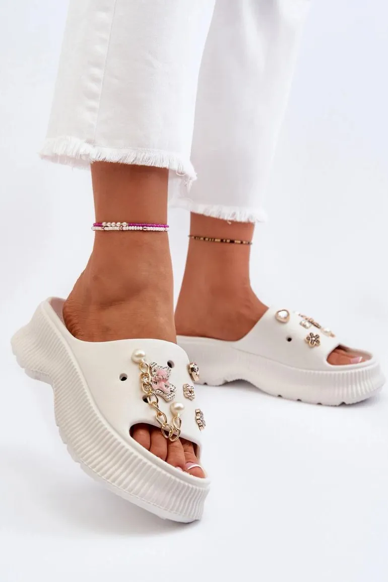 Damskie Piankowe Klapki Z Ozdobami Białe Afariana
