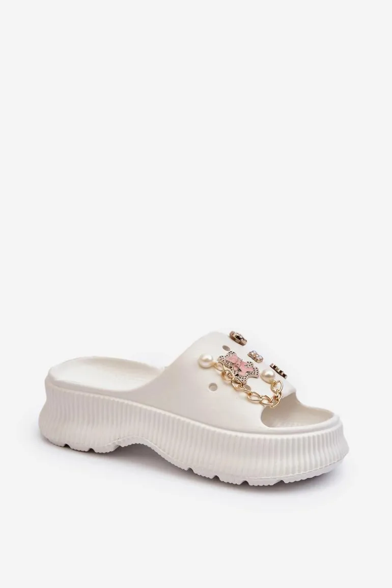 Damskie Piankowe Klapki Z Ozdobami Białe Afariana