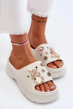 Damskie Piankowe Klapki Z Ozdobami Białe Afariana