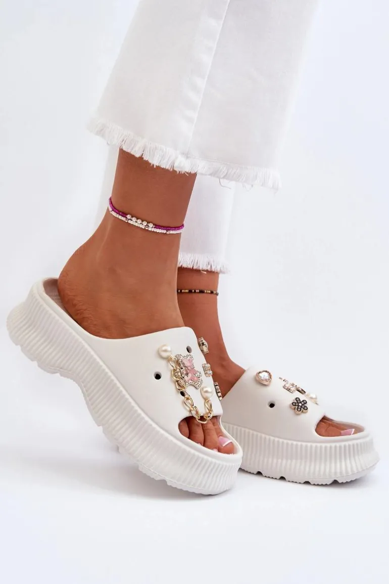 Damskie Piankowe Klapki Z Ozdobami Białe Afariana