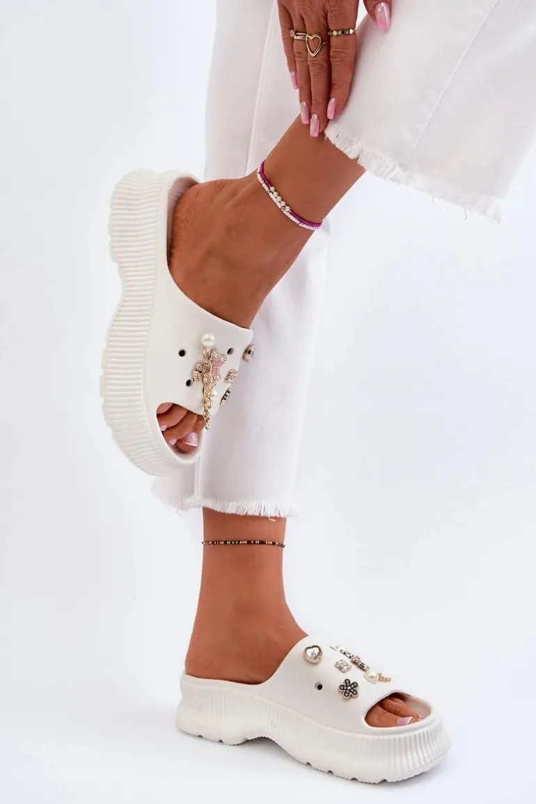 Damskie Piankowe Klapki Z Ozdobami Białe Afariana