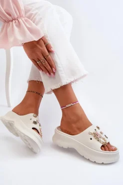 Damskie Piankowe Klapki Z Ozdobami Białe Afariana