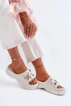 Damskie Piankowe Klapki Z Ozdobami Białe Afariana