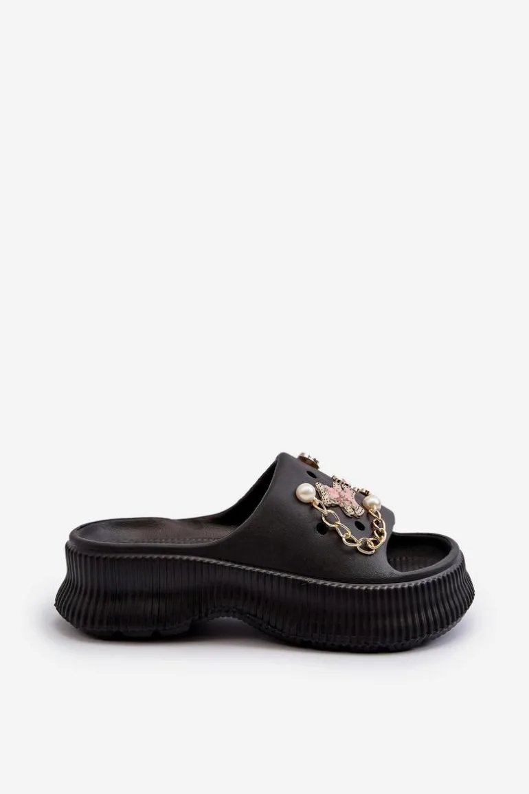 Damskie Piankowe Klapki Z Ozdobami Czarne Afariana