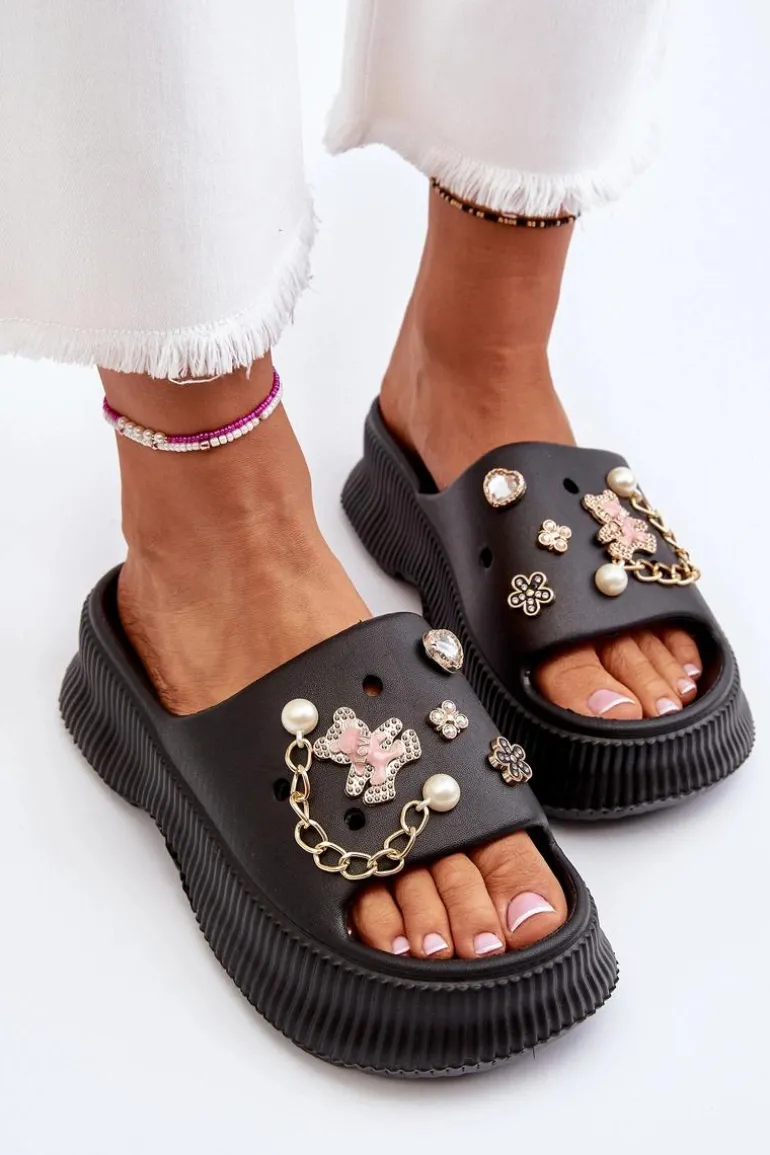 Damskie Piankowe Klapki Z Ozdobami Czarne Afariana