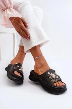 Damskie Piankowe Klapki Z Ozdobami Czarne Afariana