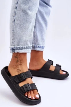 Damskie Piankowe Klapki Z Paskami Czarne Sharmen