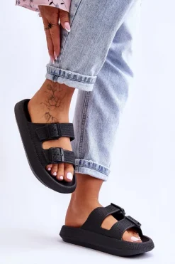 Damskie Piankowe Klapki Z Paskami Czarne Sharmen