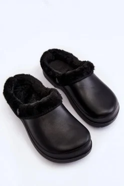 Damskie Piankowe Ocieplane Klapki Kroksy Czarne Cova