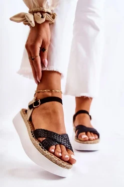 Damskie Plecione Sandały Na Platformie Czarne Selea