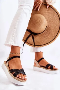 Damskie Plecione Sandały Na Platformie Czarne Selea