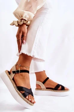 Damskie Plecione Sandały Na Platformie Czarne Selea