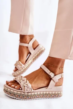Damskie Plecione Sandały Na Koturnie Beżowe Chaves