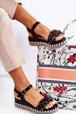 Damskie Plecione Sandały Na Koturnie Czarne Chaves