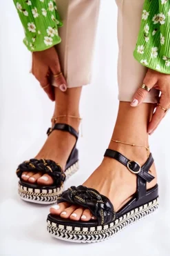 Damskie Plecione Sandały Na Koturnie Czarne Chaves