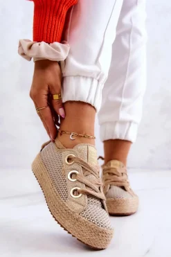 Damskie Plecione Tenisówki Big Star JJ274392 Beżowo-Złote