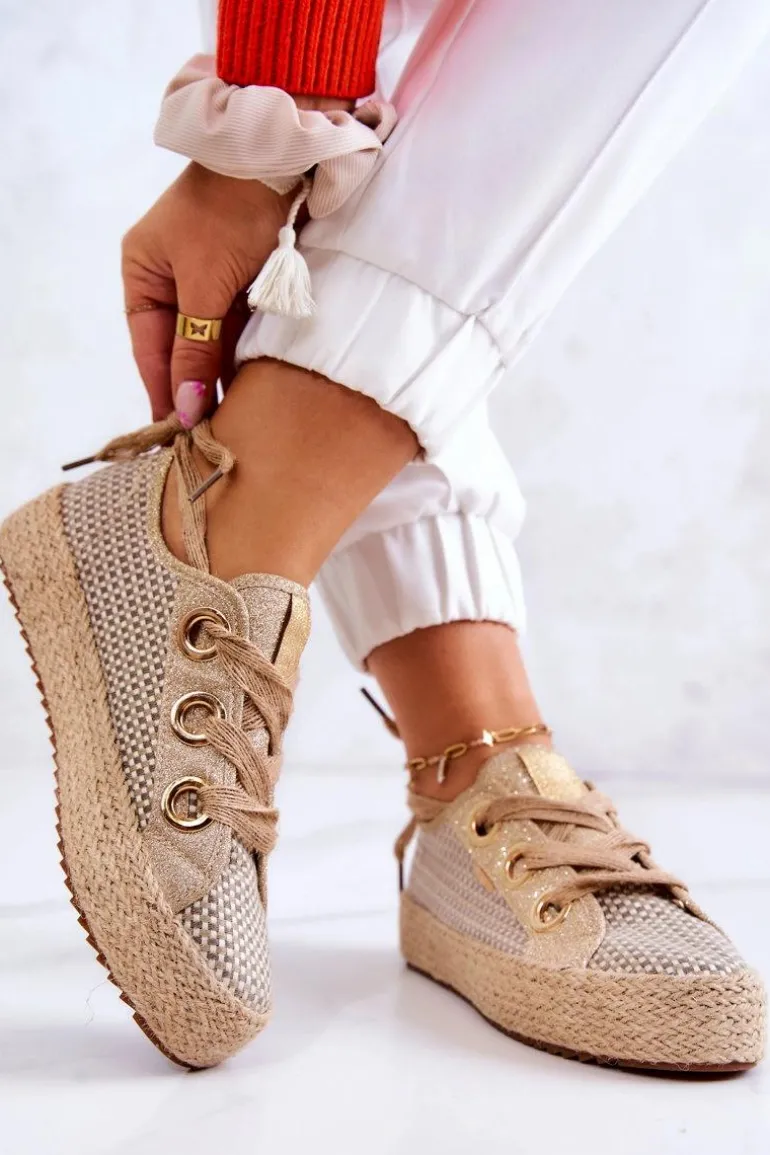 Damskie Plecione Tenisówki Big Star JJ274392 Beżowo-Złote