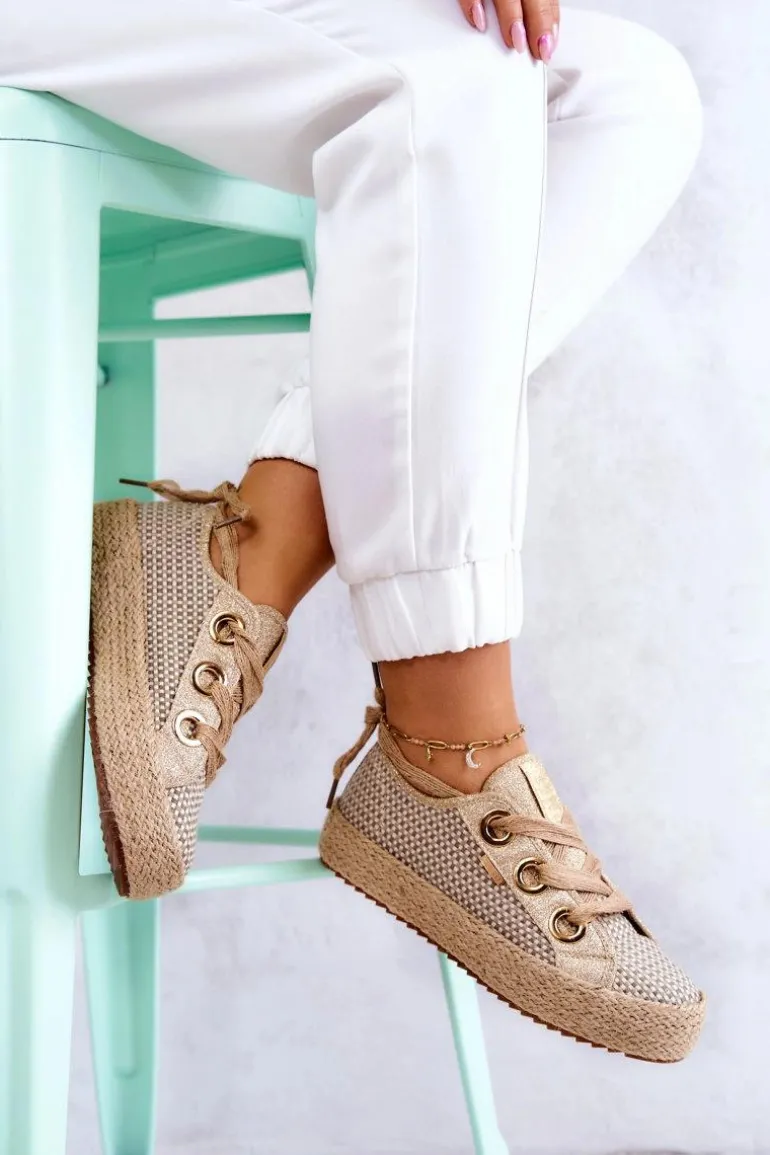 Damskie Plecione Tenisówki Big Star JJ274392 Beżowo-Złote