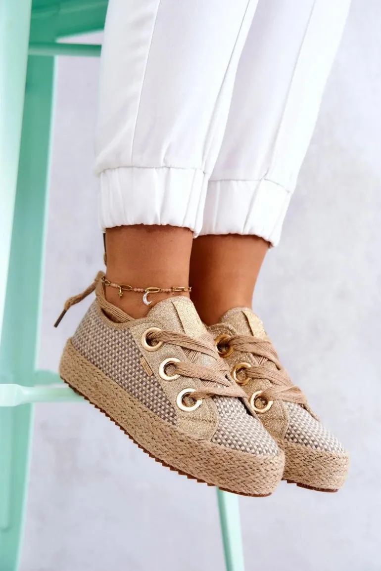 Damskie Plecione Tenisówki Big Star JJ274392 Beżowo-Złote