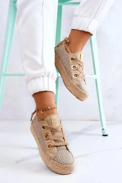 Damskie Plecione Tenisówki Big Star JJ274392 Beżowo-Złote