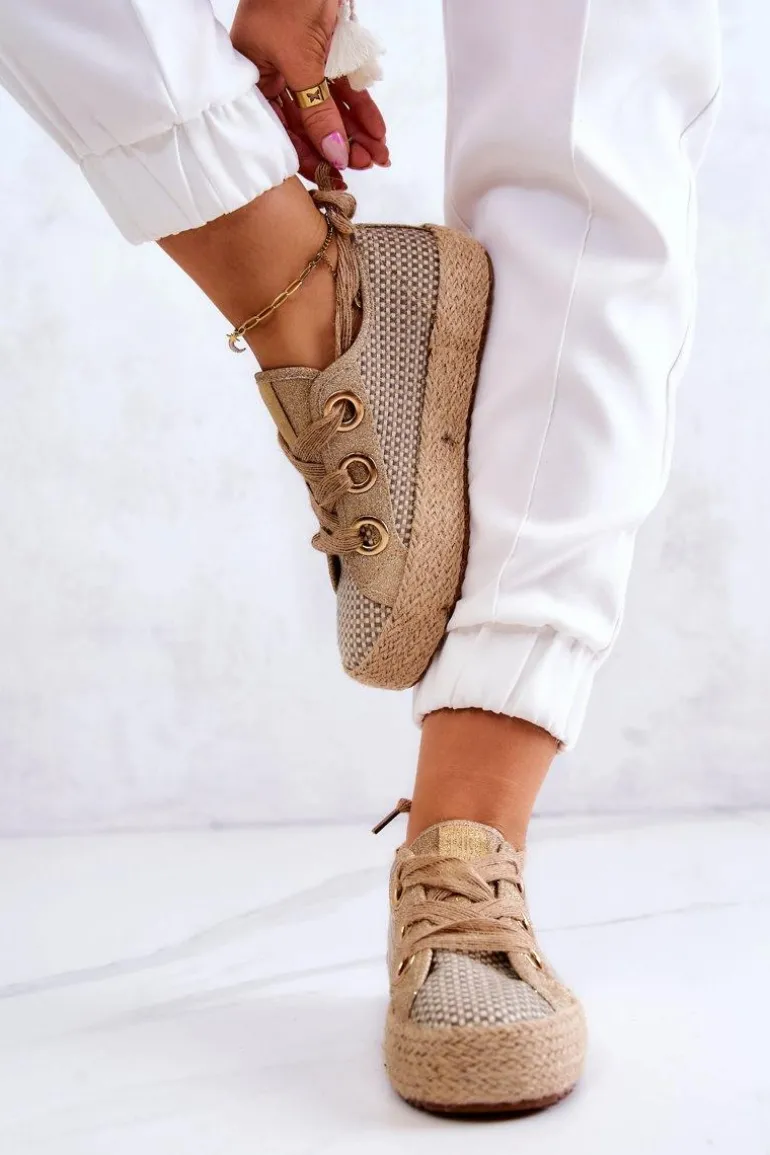 Damskie Plecione Tenisówki Big Star JJ274392 Beżowo-Złote