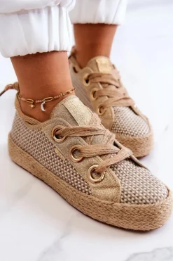 Damskie Plecione Tenisówki Big Star JJ274392 Beżowo-Złote