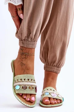 Damskie Plecione Zdobione Klapki Zielone Millano