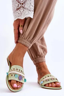 Damskie Plecione Zdobione Klapki Zielone Millano