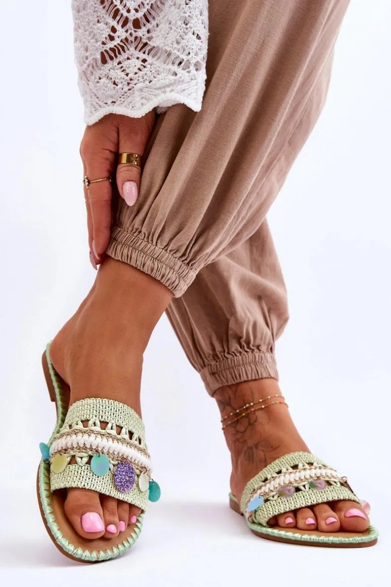 Damskie Plecione Zdobione Klapki Zielone Millano