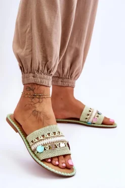 Damskie Plecione Zdobione Klapki Zielone Millano