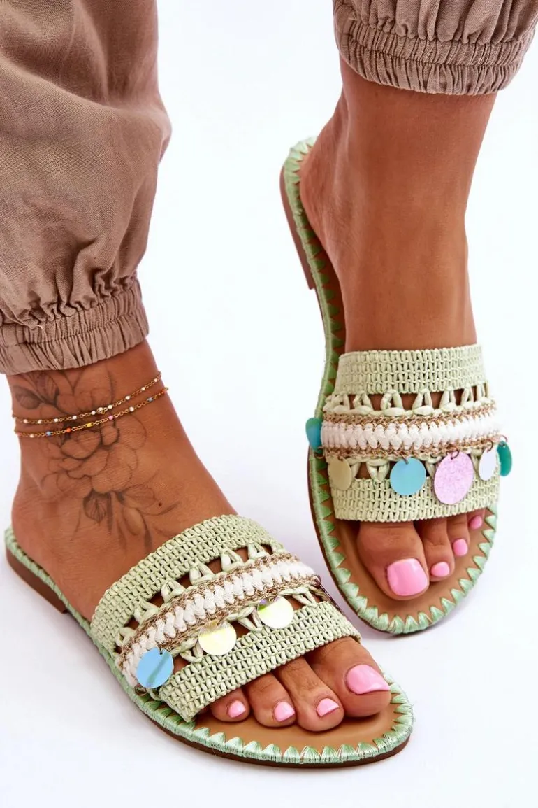 Damskie Plecione Zdobione Klapki Zielone Millano