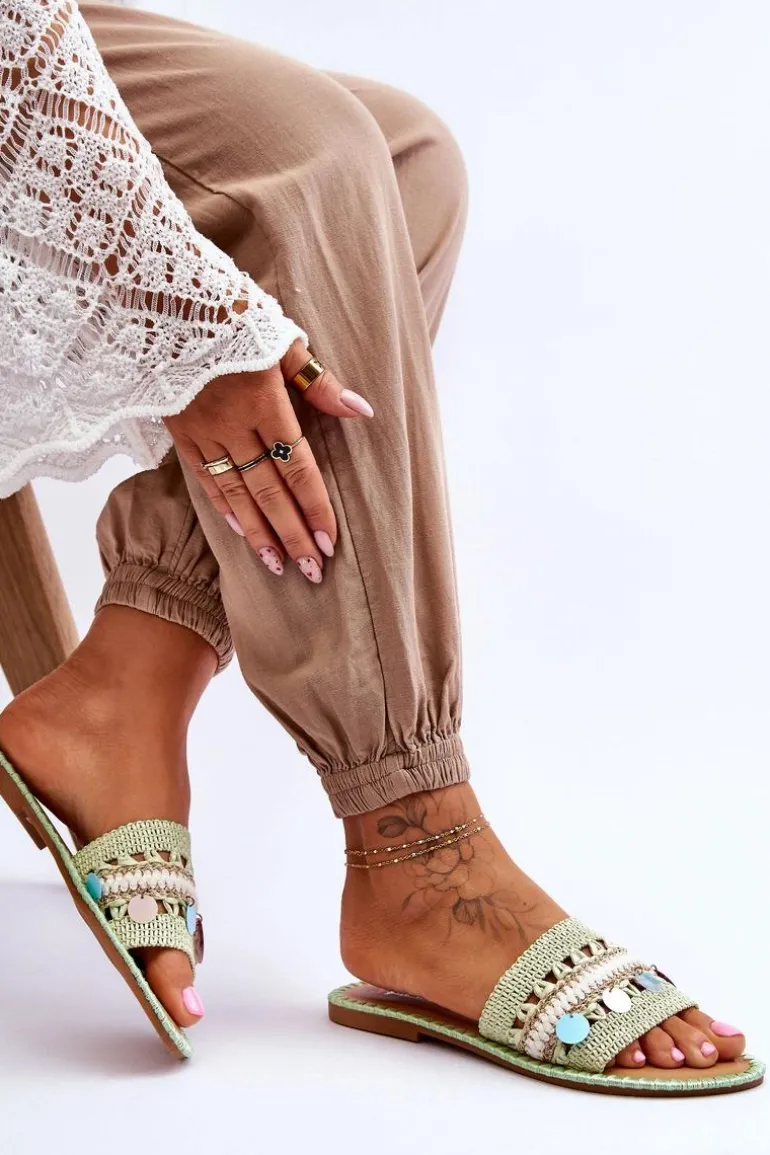 Damskie Plecione Zdobione Klapki Zielone Millano