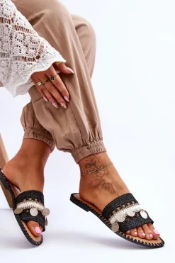 Damskie Plecione Zdobione Klapki Czarne Millano