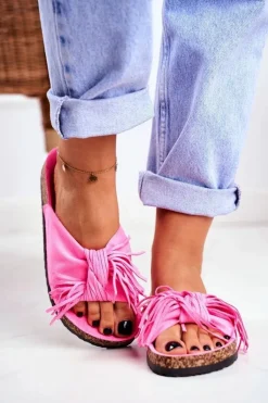 Damskie Różowe Fluo Klapki Na Korku Frędzle Marina