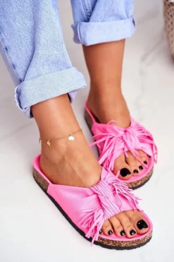 Damskie Różowe Fluo Klapki Na Korku Frędzle Marina