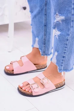 Damskie Różowe Klapki Z Klamrami Na Korku Ferone