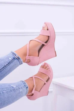 Damskie Różowe Zamszowe Sandały Na Koturnie Eline