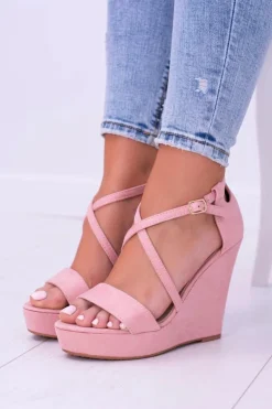 Damskie Różowe Zamszowe Sandały Na Koturnie Eline