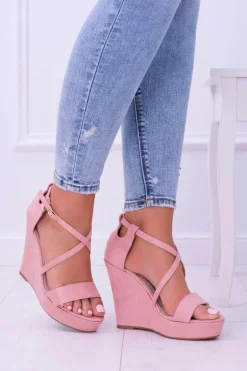 Damskie Różowe Zamszowe Sandały Na Koturnie Eline