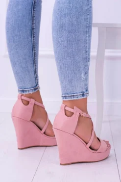 Damskie Różowe Zamszowe Sandały Na Koturnie Eline