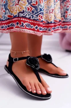 Damskie Sandałki Japonki Czarne Kwiat Cyrkonie Drave