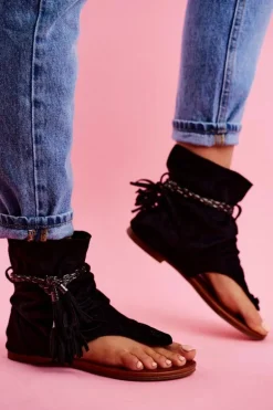 Damskie Sandałki Japonki Z Cholewką Czarne SL1011 Madrit